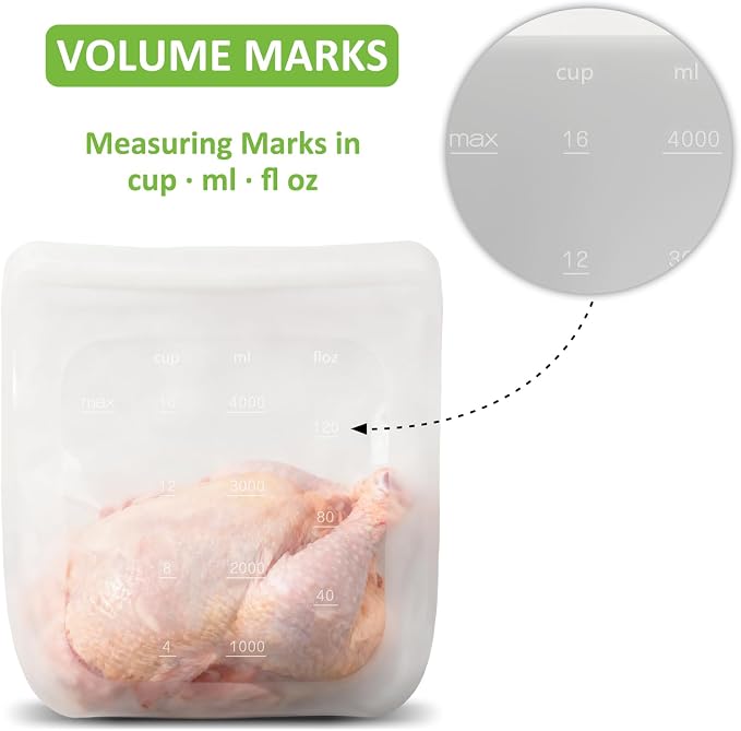 100% Silicone Gallon Storage Bags, Extra Large Reusable 1 Gallon Silicone Storage Bags Stand-Up Zip-Lock Leakproof for Bulk Food & Large Portions, Freezer Microwave Sous Vide Dishwasher Safe, 4 Pack