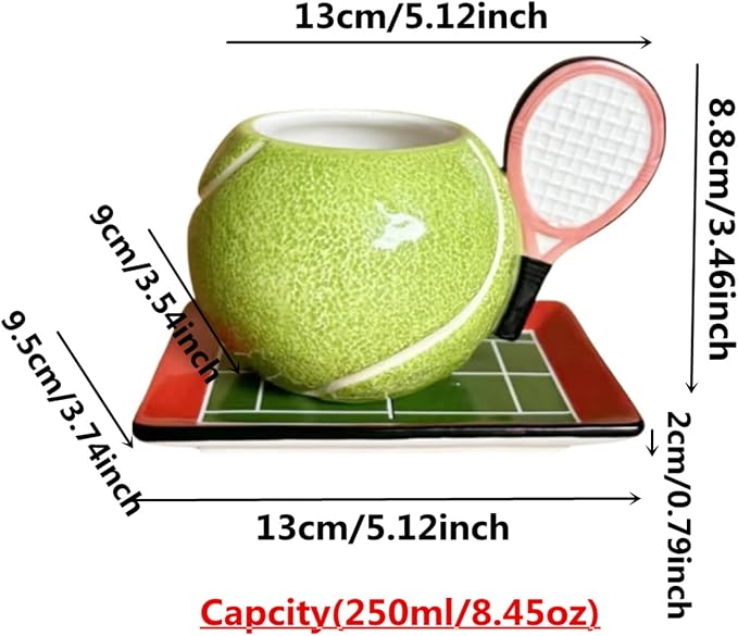 Ceramic Coffee Mug and Saucer set, 3D Handmade and Hand-painted Tennis and Tennis Court Design Tea Mug, 250ml(8.45oz)