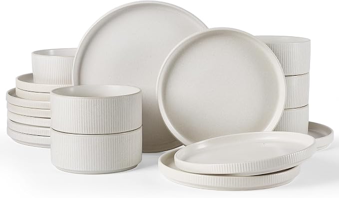 Famiware Star Plates and Bowls Sets, Modern Stoneware Dinnerware Sets for 6, 18-Piece Kitchen Dish Set - Chip and Scratch Resistant, Microwave and Dishwasher Safe Tableware, Matte White