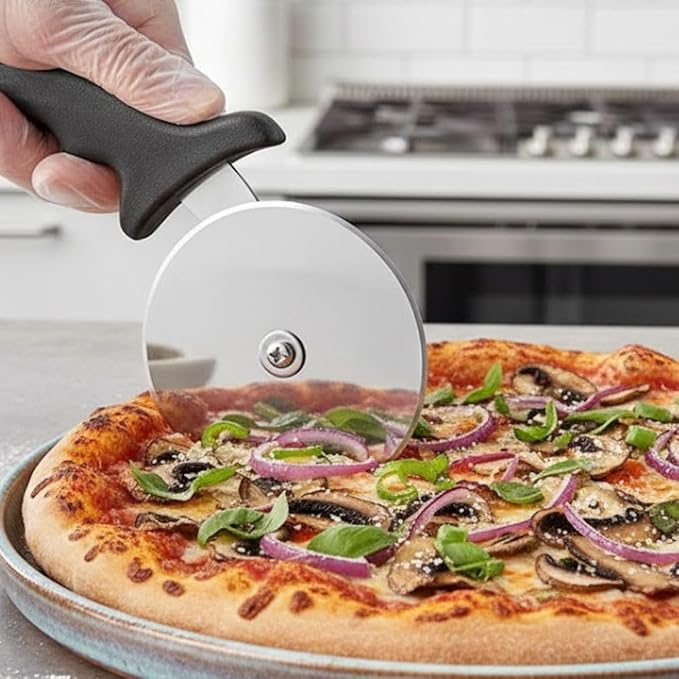 Soro Essentials- 4" Stainless Steel Pizza Cutter Wheel with Plastic Handle Black Color- Pizza Wheel Slicer Built in Finger Guard for Safety Pizza Wheel Sharp Blade for Cutting Through Crusts Pies