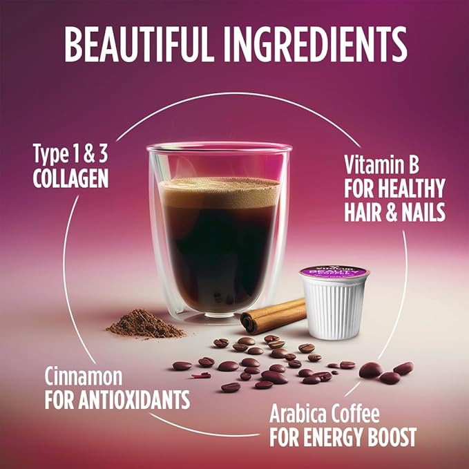 VitaCup Beauty Collagen Coffee Pods for Hair, Skin & Nails, with Biotin & Folate, Medium Dark Roast, Keto Friendly, Single Serve Pod Compatible with Keurig K-Cup Brewers,16 Ct