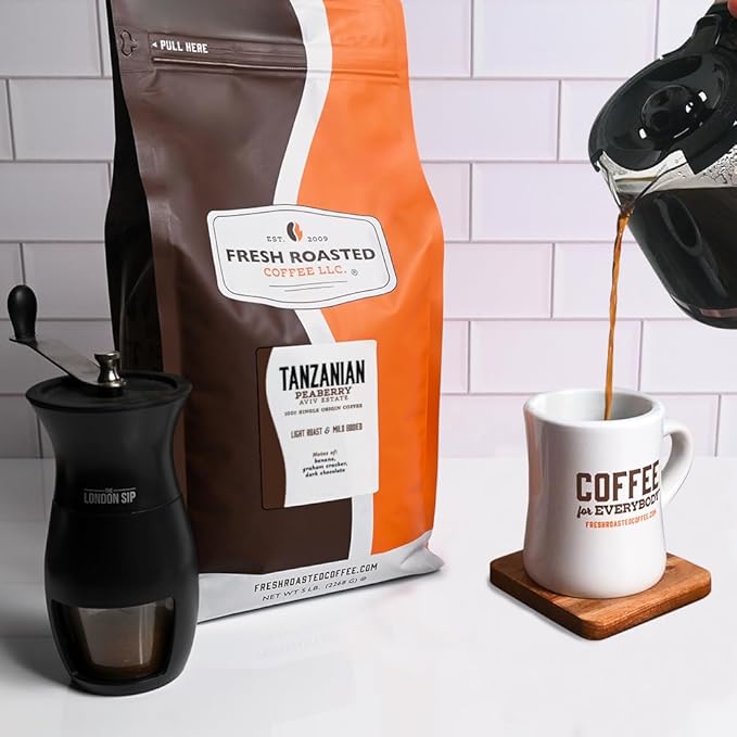 Fresh Roasted Coffee, Tanzanian Peaberry Whole Bean Coffee, Light Roast, Kosher, 5 lb (80 oz)