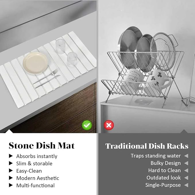 Large Stone Dish Drying Mats for Kitchen Counter, 28"(L)×16"(W), Fast Drying Collapsible Dish Drying Mat, Eco-Friendly Absorbent Diatomaceous Earth Mats for Dishes Cups, Match Any Countertop