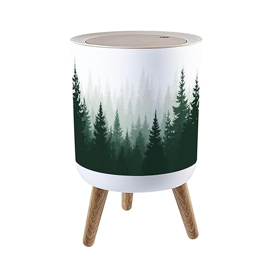 Trash Can with Lid Forest Nature Landscape Evergreen coniferous Trees Pine Spruce Press Top Round Small Garbage Bin with Wooden Legs Waste Basket for Kitchen Bedroom Nursery 7L/1.8 Gallon