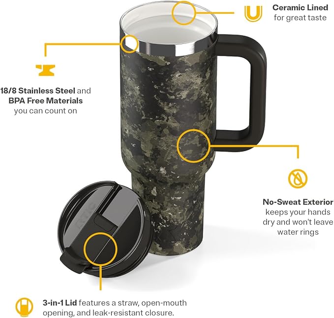 RTIC 40 oz Road Trip Tumbler Double-Walled Cermaic Lined Insulated Stainless Steel Portable Travel Coffee Mug Cup with Lid, Handle and Straw, Olive Midnight Camo