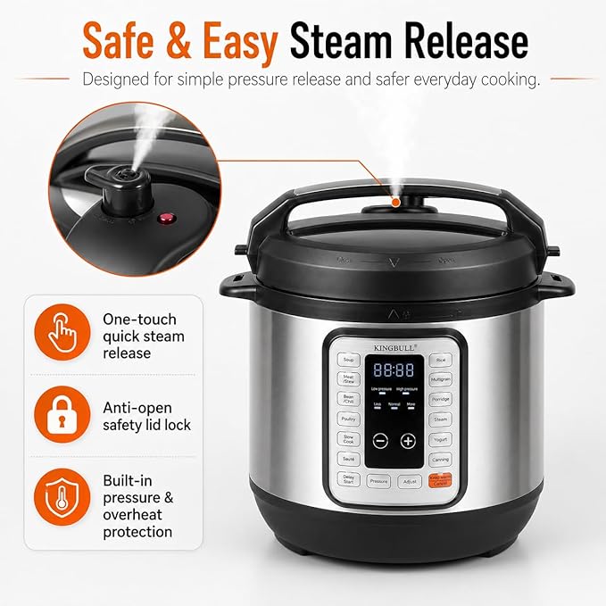 KINGBULL 6QT Electric Pressure Cooker – 12-in-1 Multi Cooker, One-Touch Programs for Rice, Soup, Meat, Steam, Yogurt, Slow Cook, Keep Warm & Delay Start