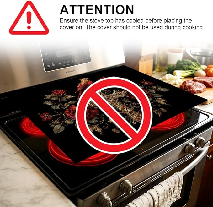 Stove Top Cover for Electric Stove 28.4 x 20.5 Inch Non Slip Stove Mat Oil Proof Gothic Cross Rose Glass Cooktop Protector Kitchen Mat