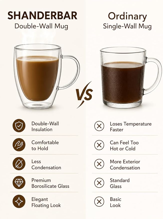 Set of 4 Double Walled Glass Coffee Mugs with Handles, 12oz Clear Coffee Mugs for Hot/Cold Beverages, Insulated Borosilicate Glass Cups for Cappuccino, Espresso, Latte, Tea, Milk, Microwave Safe