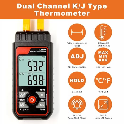 Digital Thermocouple Thermometer Dual-Channel K/J Type Thermometer -328~2501℉ Wide Range Industrial HVAC Temperature Meter with 4PCS of K-Type Thermocouple Probes, Alarm,Temp Conpensation