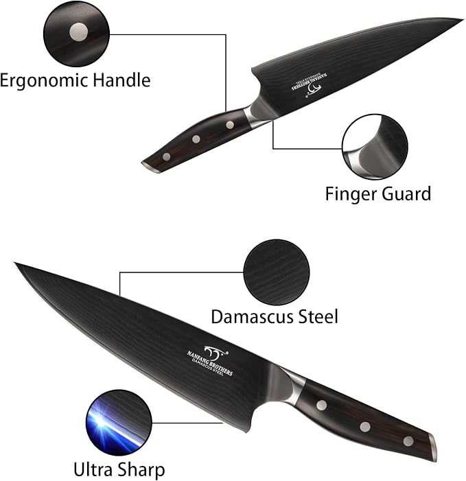 7-Piece Damascus Knife Set with VG10 Core Blades, 67-Layer Damascus Steel, Black Titanium Coated Kitchen Knives for Polished Ebony Wood Handle for a Comfortable, Ultra Sharp Chef Knife Set