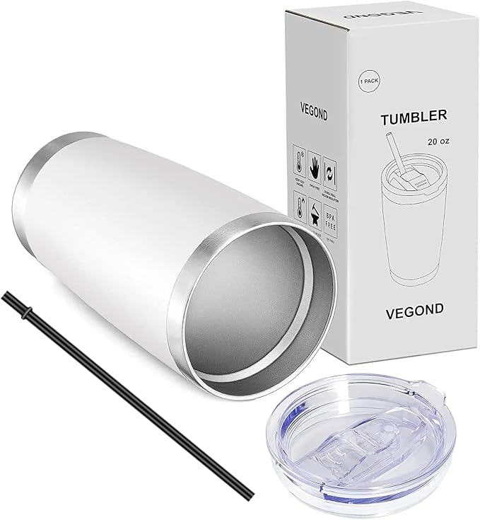 VEGOND 20oz Tumbler with Lid and Straw Stainless Steel Tumbler Cup Bulk Vacuum Insulated Double Wall Travel Coffee Mug Powder Coated Coffee Cup, White, 12 Pack