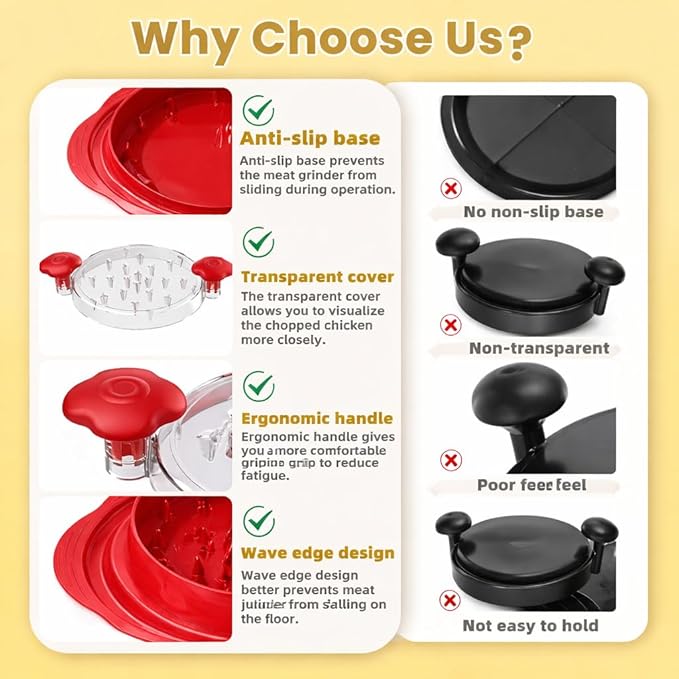 Premium Manual Food Shredder, Chicken Crusher Tool, Large Standard Size, PowerPull Chicken Grinder, Pork & Beef, KitchenPro Chicken Shredder Tool (Red)