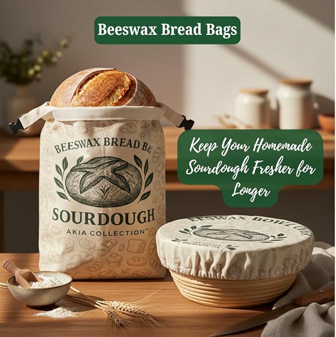 Reusable Beeswax Bread Bags for Homemade Bread & Sourdough (2 Bags + 1 Beeswax Bowl Cover) - XL Waxed Cotton Sourdough Bread Bags, Natural Food-Safe Storage, Keeps Loaves Fresh Longer, Zero Waste