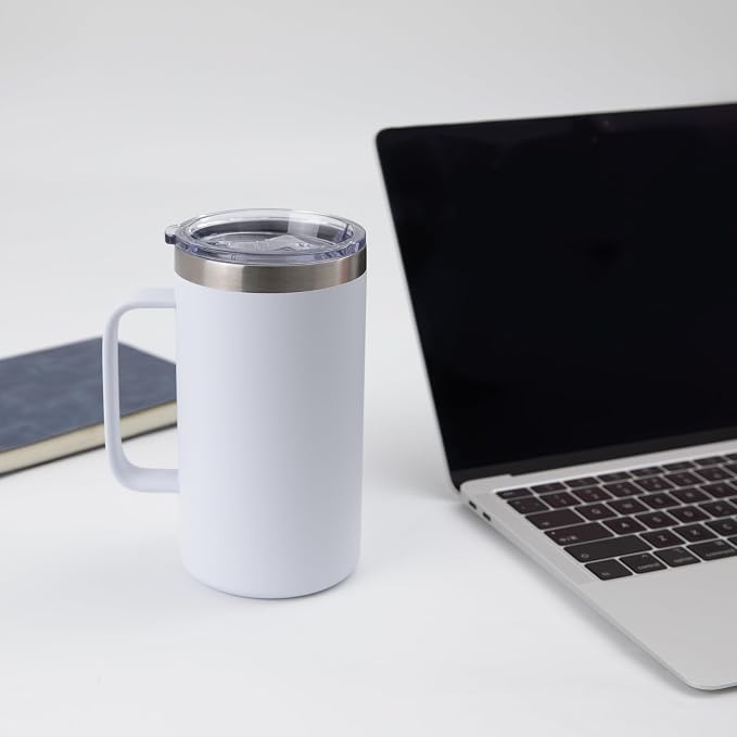 DOMICARE 24oz Mug with Handle and Lid, Stainless Steel Coffee Mug, Travel Mug with Handle, Double Wall Vacuum Coffee Tumbler, Reusable Insulated Cup, White, Pack 4