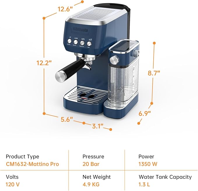 MAttinata Cappuccino Machine, Espresso Machine with Automatic Milk Frother | Compact Coffee Maker, 20 Bar Italian Pump, Adjust Hot Milk Foam, Barista Latte Art, Small for Home, Stainless Steel, Blue