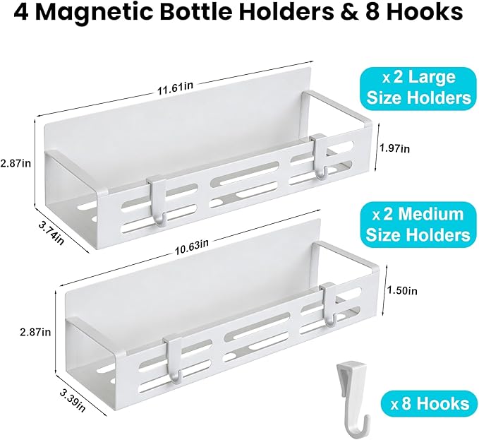 4 Pack Magnetic Baby Bottle Organizer for Refrigerator, Space Saving Bottle Organizer Rack, Durable Metal Shelves with 8 Hooks, Storage for Baby Bottles, Pacifiers, and Brushes