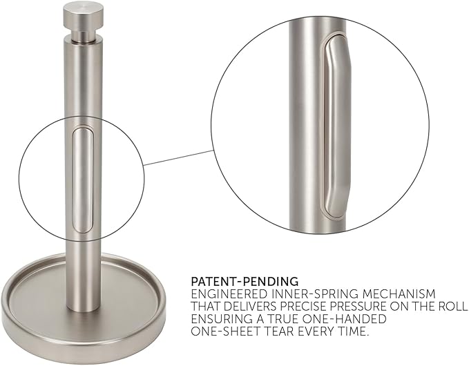 Ivilon Countertop Paper Towel Holder - Weighted Heavy Duty Steel Stand with Non-Slip Base for a Steady One-Handed One Sheet Tear - Fits All Rolls - Brushed Nickel
