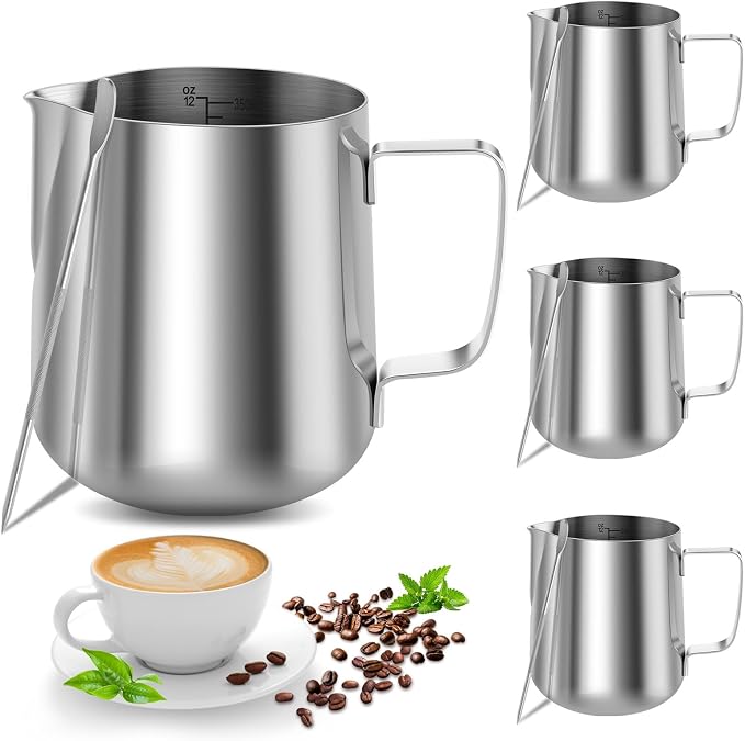 4PCS Milk Frothing Pitcher, 12oz/350ml Stainless Steel Milk Frother Cup, Espresso Coffee Jug for Latte Art Cappuccino, Barista Milk Cup with Decorating Pen for Home Barista and Coffee Bar