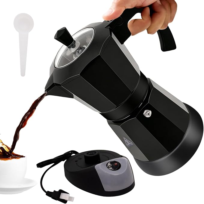 Electric Aluminum Moka Pot 3-6 Cup 150-270ml Espresso Maker with Detachable Base Ideal Coffee Makers for Home MochaPot Italian and Cuban Café Coffeemaker Espressomaker CoffeePot Black
