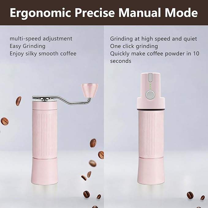 Burr Coffee Grinder Electric and Manual 2 in 1, Manual Burr Coffee Grinder with 40mm Burr, Compact Portable Coffee Grinder for Espresso Coffee, Travel, Camping, Valentines day gifts for girl (Pink)