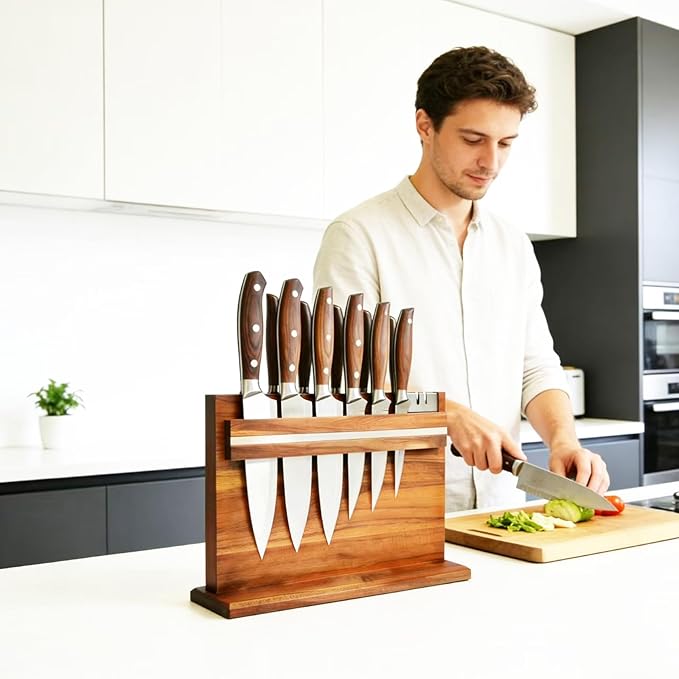 Large Magnetic Knife Holder - 14.5 x 11" Double-Sided Acacia Wood Block with Built-in Sharpener, Holds 14+ Knives, Premium Kitchen Counter Organizer for Professional Chefs