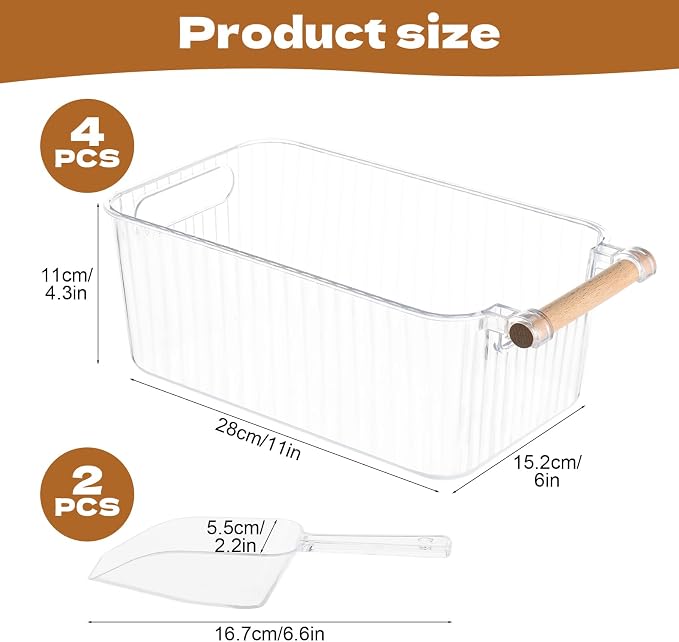 CIEOVO 4 Piece Ice Bin and 2 Flexible Scoop Set Plastic Freezer Ice Bin with Handle Clear Storage Bucket for Container with Bucket Scoop Kitchen Fridge