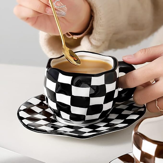 Noviko Checkered Mug Ceramic Checker Tea Cup and Saucer Set 10 oz