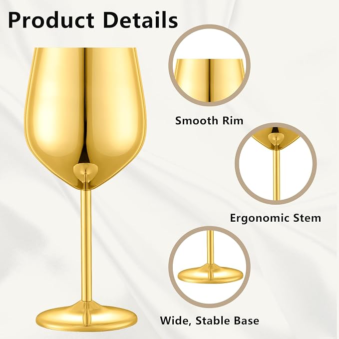 UNISWEET Stainless Steel Wine Glasses Set of 6 with 1 Corkscrew Gold | 17 oz Unbreakable Metal Wine Goblets, Reusable & Sturdy, Ideal for Outdoor, Travel, Camping, Pool, Gift for Wine Lovers