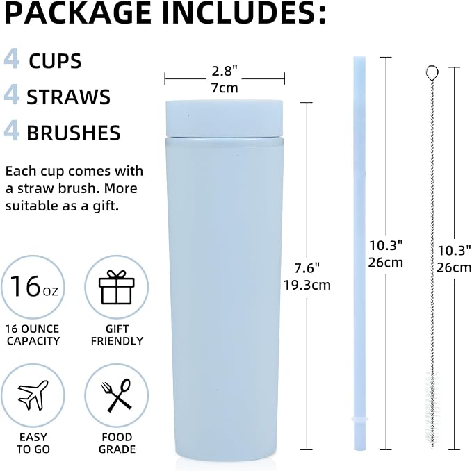 Volhoply 16oz Plastic Skinny Tumbler with Lid and Straw Bulk 10 Pack,Insulated Double Wall BPA Free Matte Acrylic Tumblers,Iced Coffee Travel Mug Reusable Party Cup,Customizable Diy Gifts(Blue,10 Set)