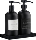 Glass Soap Dispenser Set of 2 (Black) with Silicone Tray | Hand and Dish Soap Dispenser for Kitchen and Bathroom | 16.8 Oz Glass Bottles with Stainless Steel Pump & 15 Waterproof Labels (Black)