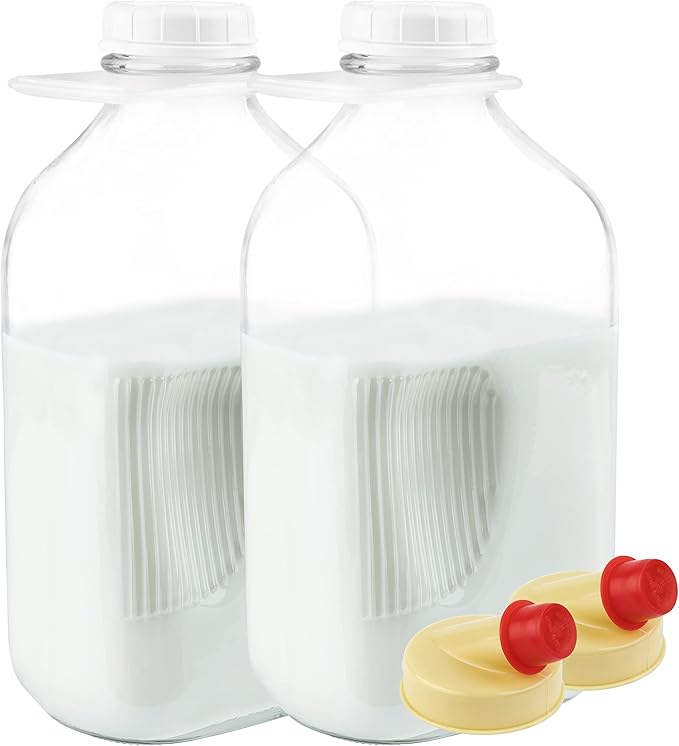 kitchentoolz 64 oz Glass Milk Bottles with Pour Spouts and Tamper-Proof Caps – Half Gallon Containers – 2 Pack – Made in USA