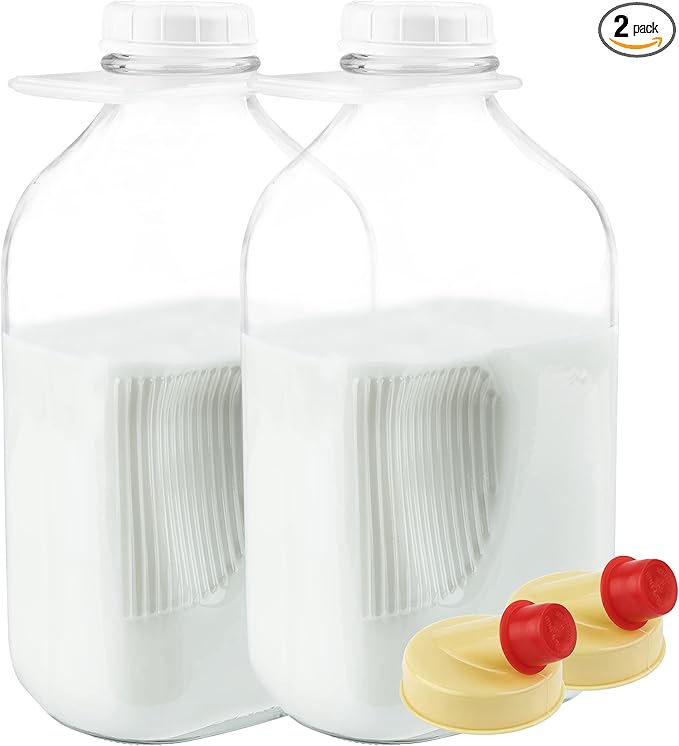 kitchentoolz 64 oz Glass Milk Bottles with Pour Spouts and Tamper-Proof Caps – Half Gallon Containers – 2 Pack – Made in USA