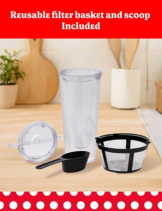 Betty Crocker Coffee Maker for Iced & Hot Brew, Brews in 4 Minutes, Compact Iced Coffee Machine with Chrome Accents, Reusable Filter, BPA-Free 20-Oz Tumbler & Straw, BC-4869B, Black