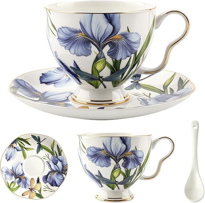 Bone China Tea Cup and Saucer Set with Spoon，Elegant Floral Tea Cup Set (7 oz)，British Coffee Latte Mug for Birthday Party Christmas gift for Friends