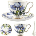 Bone China Tea Cup and Saucer Set with Spoon，Elegant Floral Tea Cup Set (7 oz)，British Coffee Latte Mug for Birthday Party Christmas gift for Friends
