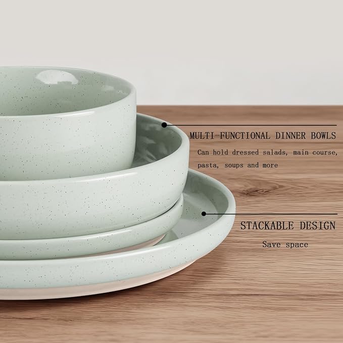 HaWare 8-Piece Plates and Bowls Set for 2, Stoneware Dinnerware Sets with Pasta Bowl, Dishes Set for Home Restaurant, Speckled Asparagus Green