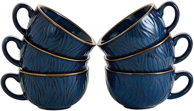 Coffeezone Set of 6 Vintage Design 12 oz Professional Barista Ceramic Latte Art Cappuccino Cups Set (Wave Blue)