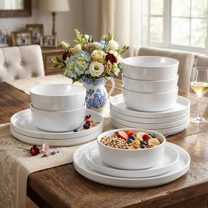 AmorArc Ceramic Dinnerware Sets for 4, Modern Flat Stoneware Plates and Bowls Sets,Chip and Crack Resistant | Dishwasher & Microwave Safe Dishes Set,Scratch Resistant- Service for 4 (12pc)-Matte White