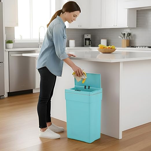 PayLessHere 13 Gallon 50 L Trash Can with Lid Plastic Kitchen Trash Bin Automatic Touch Free Motion Sensor Trash Can (3, Blue)