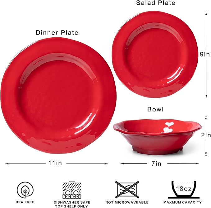 LEHAHA Red Melamine Dinnerware Sets, 18-Piece Melamine Dishes Set, Lightweight and Chip Resistant, Durable Plates and Bowls Set, Safe for Daily Use, Dishwasher Safe, Service for 6
