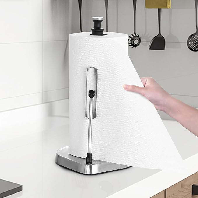 Dailyart Paper Towel Holder for One Hand Tear - Countertop with Tension Arm & Non Slip Weighted Base, Stainless Steel Paper Towel Holder Stand for Kitchen Bathroom, Black
