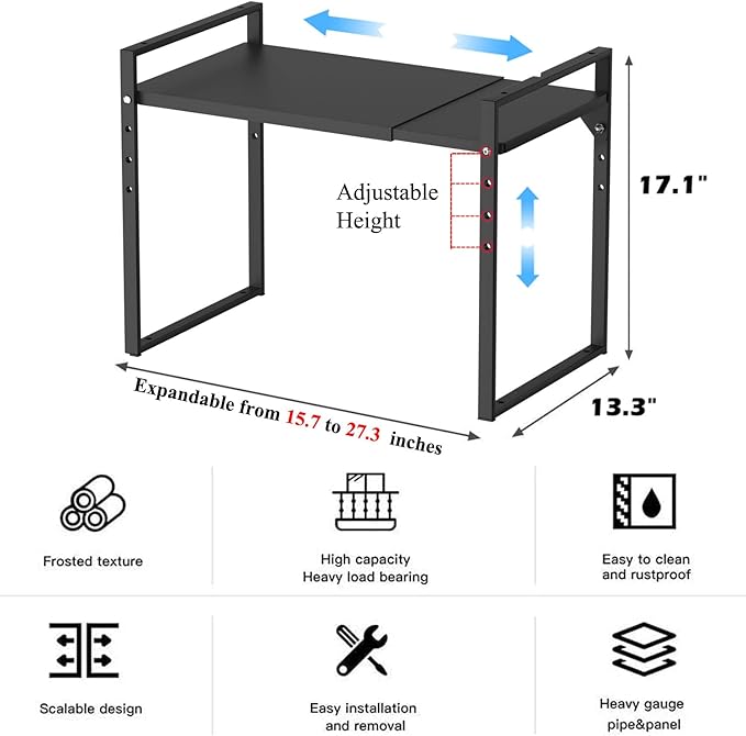 2 Tier Expandable Microwave Oven Rack, Height Adjustable Heavy Duty Microwave Toaster Countertop Stand Metal Shelf Rack, Pantry Shelf Organizers for Kitchen Counter Organization, Black