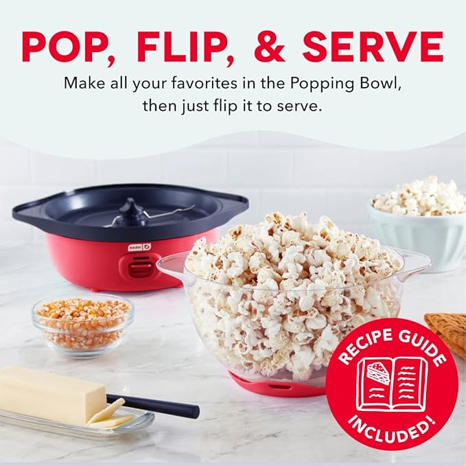 Dash SmartStore Stirring Popcorn Maker - Hot Oil Electric Popcorn Popper with Butter-Warming Tray, Clear Serving Bowl & Measuring Cup - 12 Cups, Red