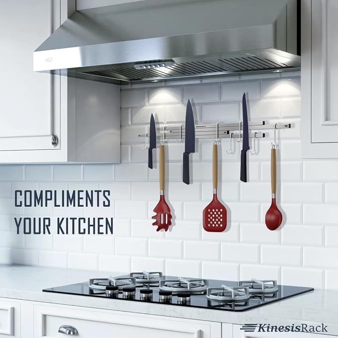 Magnetic Knife Holder for Wall 16 inch Extends up to 30 inches 4 Strip Neodymium Magnetic Rack with 10 Hooks for Kitchen Utensils Organize. No Drill. Tools Holder
