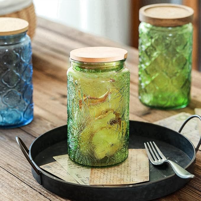 ANSQU Green Glass Canister, 34oz Candy Jar with Lid, Vintage Colored Mason Jars for Kitchen Decorative Jar for Coffee Tea Candy Cookies, Cute Jars (Green, 1 Pack)