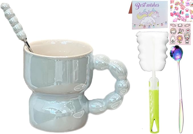 Pearl Ceramic Coffee Mug for Tea Latte Milk Cute Love Shape Cup for Home Office Women Gift 6.5 oz (Pearl Blue 2, 300 ml)
