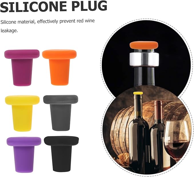 ULTECHNOVO 6pcs Silicone Wine Stoppers Reusable Leakproof Seal for Wine Beer and Beverage Bottles Vibrant Colors for Easy Identification and Decor Food-grade Silicone