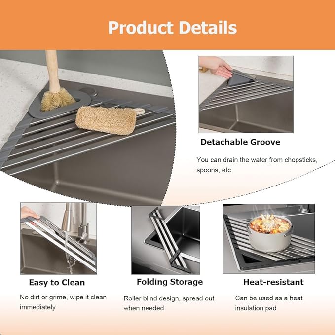 2 Packs Collapsible Triangle Dish Drying Rack for Sink Corner, Multipurpose Anti-Slip Over The Sink Dish Drainer Mat for Kitchen(Gray,Small)