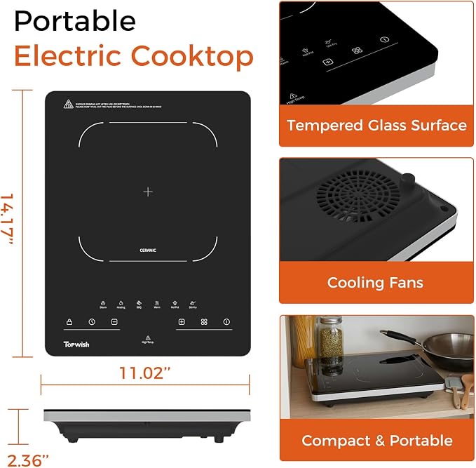 TOPWISH Single Burner Electric Stove, 110V-120V Portable Electric Cooktop, Countertop Stove Top Burner Hot Plate Ceramic Cooktop with Touch Control 10 Power Levels Child Lock Timer for Kitchen Cooking