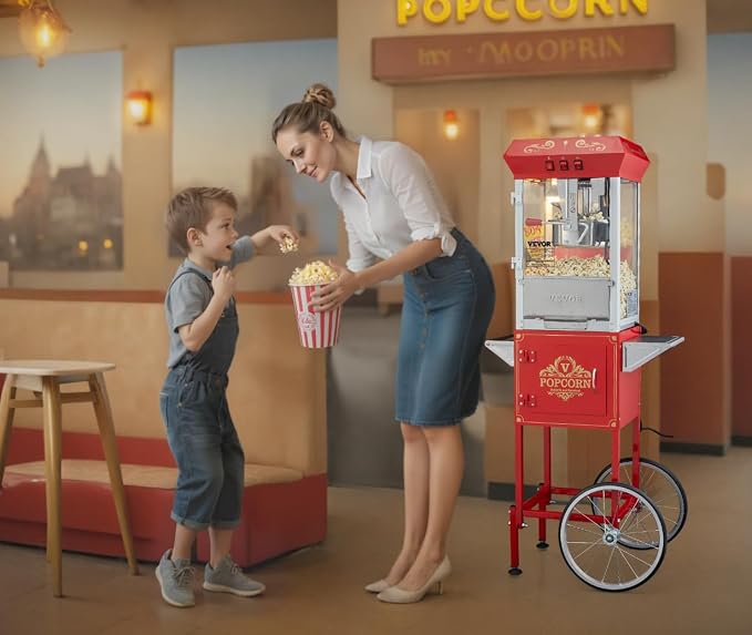 VEVOR Commercial Popcorn Machine, 8 Oz Kettle, 850 W Popcorn Maker on Wheels for 48 Cups per Batch, Theater Style Popper with 3-Switch Control Steel Frame Tempered Glass Doors Cart 1 Scoop 2 Spoons | 850W Theater Style Popper, On Wheels, 48 Cups per Ba...